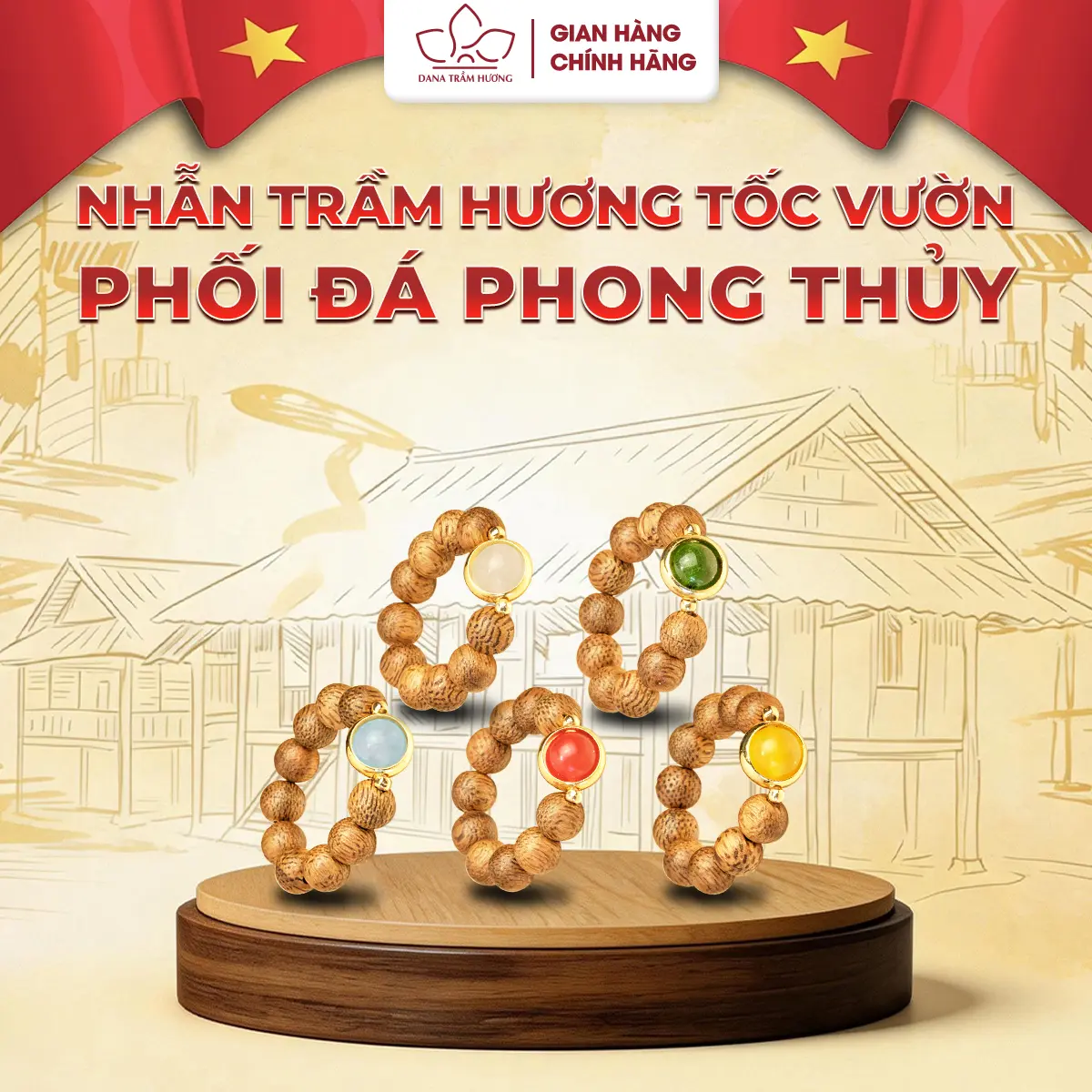 DANA Trầm Hương – Nhẫn Trầm phối Mã Não Trắng, thanh lịch chuẩn phong thủy